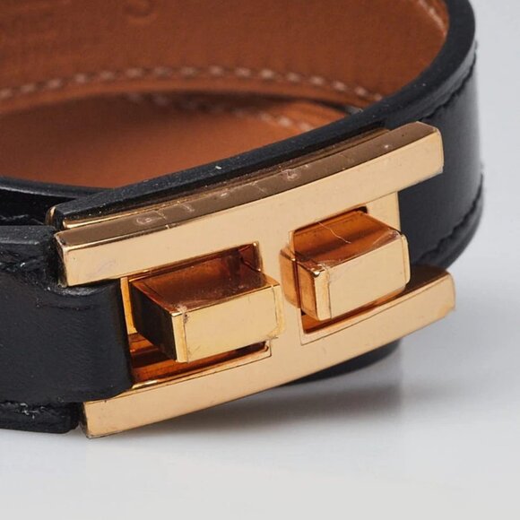 Hermes Black Box Leather Gold Plated Drag Double Tour Bracelet Size T2 - Picture 3 of 8